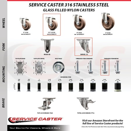 Service Caster 3.5 Inch 316SS High Temp Glass Filled Nylon Swivel 10mm Threaded Stem Caster SCC-SS316TS20S3514-GFNSHT-M1015
